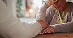 Senior couple, compassion and support with holding hands, assistance or grief in nursing home or retirement. Elderly man, woman and sadness with empathy in living room for love, care or communication