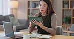 Remote work from home, woman and tablet with typing, research for project and network in lounge. Artist, copywriting or freelancer with technology, digital app and connection with online information