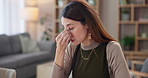 Frustrated woman, headache and mistake with stress in debt, bankruptcy or depression at home. Female person, freelancer or remote worker with migraine or strain from pressure or fatigue at house