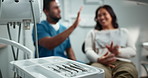 Dental, tools and medical tray in clinic for teeth consultation, treatment process and mouth cleaning. People, high five and oral equipment for hygiene success, gum health and orthodontics procedure