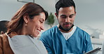 Tablet, doctor and patient at dentist appointment in checkup or procedure in hospital or oral care clinic. Happy people, tech and smile as dental hygienist for teeth cleaning or root canal treatment