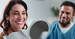 Woman, happy and mirror in practice for dental care, new dentures and impressed with teeth whitening at dentist. Client, orthodontist and pride in reflection for veneers, confident smile and results