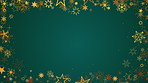 Christmas, snowflake and poster with stars on card or gift for festive celebration on mockup space. Empty graphic, animation or decor for winter holiday, new year or invitation on green background