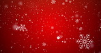 Christmas, particles and snowflakes on red background space for digital card, creativity and festive season. Snow animation, bokeh spots and glitter on wallpaper for texture, sparkle and celebration