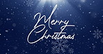 Merry Christmas, text and animation with snowflake, celebration and greeting card for festive holiday. Xmas wish, cheers and graphic with design, creativity and illustration on blue background