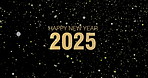 Confetti, happy new year and festive effect for party, carnival and event on dark background for celebration. Particles, texture and wallpaper with animation, digital motion and gold glitter as decor