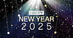 Background, festive or new year 2025 and text on dark background with stars for celebration. Calendar, gold or sparkle banner at party and light with fireworks for event, holiday or tradition