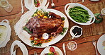 Turkey, celebration and food for dinner, house and vegetables for thanksgiving, event and table. Above, holiday and feast for festive season, Christmas and chicken for hosting, soup and green beans