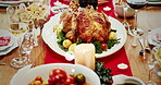 Wine, celebration and turkey for dinner, house and setup of table for thanksgiving, event and above. Home, holiday and feast for festive season, Christmas and food for hosting, drinks and alcohol