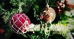 Christmas tree, decoration and holiday with text in home for celebration in December. Background, event and winter with festive vacation closeup in apartment for break, retail or seasons greetings