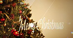 Merry Christmas, tree or glitter in text for giving, celebration or seasons greetings. Wallpaper, ornaments or decoration on digital card for present, festive holiday or traditional invitation design