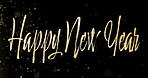 Decor, animation and happy new year text for party, carnival or event on dark background or illustration. Particle, texture and wallpaper with celebrate, digital motion or gold for season or vacation
