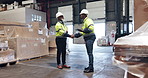 Handshake, logistics and men in factory for deal, agreement and service delivery partnership. Teamwork, storage and people in warehouse shaking hands for inventory management in supply chain industry