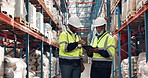 Logistics, team and men in warehouse with tablet for supply chain planning in export distribution. Inventory management, inspection and people in factory with digital app, discussion or collaboration