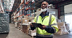 Logistics, distribution and black man in factory with tablet for online checklist inspection at export plant. Inventory management, thinking and person in warehouse on digital app for quality control