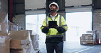 Logistics, inspection and man in warehouse with tablet for online checklist for export distribution. Inventory, management and person in factory on digital app for quality control in supply chain 