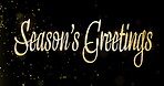 Seasons greetings, text and particles on black background with sparkle, glitter and festive aesthetic. Magical, digital card and dust glow for invitation, celebration and golden font with shine