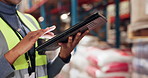 Logistics, hands and woman in warehouse with tablet for online checklist on export distribution website. Inventory, management and person in factory on digital app for search in quality control