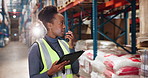 Logistics, radio and woman in warehouse with tablet for online checklist in export distribution plant. Inventory management, wireless communication and person in factory on digital app for inspection