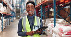 Logistics, portrait and black woman in warehouse with tablet for online checklist in export distribution. Inventory management, smile and confident person in factory with digital app for inspection 