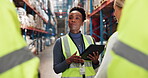 Manager, tablet and meeting in warehouse for inspection, compliance and safety training with people. Teamwork, logistics and tour for supply chain industry, project briefing and inventory management