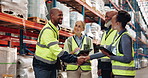 Handshake, logistics and people in warehouse for deal, agreement or service delivery partner. Collaboration, storage or team in factory shaking hands for inventory management in supply chain industry