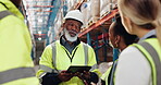 Manager, tablet and talking in warehouse for inspection, compliance and safety training with people. Team, logistics and meeting for supply chain industry, project planning and inventory management