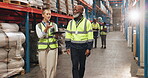 People, logistics and tablet in warehouse for supply chain, compliance and safety training with teamwork. Manager, industry and technology for inspection, project planning and inventory management