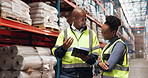 Logistics, man and woman in warehouse with tablet for supply chain planning in export distribution. Inventory management, inspection and people in factory with teamwork, discussion and collaboration