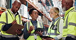 Distribution, teamwork and tablet in factory for logistics training, service delivery and inventory management. Inspection supervisor, people and staff meeting for stock control and supply chain plan