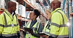 Distribution, teamwork and tablet in warehouse for logistics training, service delivery and inventory management. Inspection, people and supply chain instructions for stock control in staff meeting