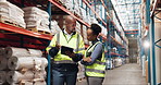 Logistics, man and woman in factory with tablet for supply chain planning in export distribution. Inventory management, inspection and people in warehouse with teamwork, discussion and collaboration