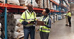 Logistics, checklist and people in warehouse with tablet for industry planning in export distribution. Inventory management, inspection and team in factory with agenda, discussion and collaboration