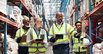 Logistics, people and tablet in warehouse for inspection training, service delivery and inventory management. Distribution, team or tech with supply chain instructions, staff meeting or stock control