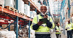 Mature, black man or radio for shipping in warehouse for distribution, cargo checklist or supply chain. Factory inspection, tablet or logistics supervisor on technology to organize inventory order