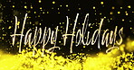 Decor, celebrate and happy holidays text for party, carnival or event as background on Christmas eve. Particles, texture and wallpaper with animation, digital motion and gold for season or vacation