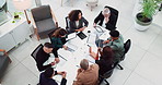 Business people, meeting and documents for collaboration, research and company development in office. Diversity, technology and management team for partnership, communication and planning from above