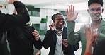 Business people, applause and high five celebration for success with investment contract or company growth. Finance team, cheering or clapping hands with diversity group for kpi target goal in office