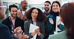 Business people, applause or congratulations to team for success with partnership contract or sales promotion. Finance group, employee or clapping hands with diversity support or announcement at work