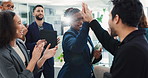 Business people, applause or high five to woman for success with partnership contract or sales promotion. Finance team, employee or clapping hands with diversity support for kpi target goal in office