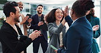 Business people, high five or applause to woman for celebration with partner contract or sales promotion. Finance team, employee or clapping hands with diversity support for kpi target goal in office