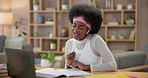 Woman, video conference and conversation on laptop with online course or lesson for communication in home. Black girl, tech and talking in e learning for development, education and support as student