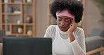 Student, laptop and black woman with headache in home for exam, test and assignment for university. Stress, anxiety and girl with worry on computer for studying, college education and online learning