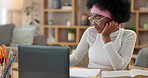 Writing notes, black woman and student reading book in home, study or online education on laptop. University, exam and girl elearning on computer for research, information or college test preparation