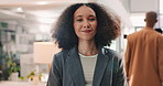 Afro, face and smile with business woman in corporate office for career growth or mission. About us, design and portrait with happy African employee in professional workplace for company internship