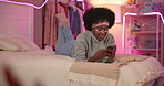 Home, typing and black woman with smartphone, bedroom and social media with message, internet and relax. African person, mobile user and girl with cellphone, texting and online chatting with smile