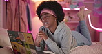 Bedroom, video call and black woman with laptop, internet and relax with break, comfort and conversation. African person, home or girl with computer, online chatting and communication with connection
