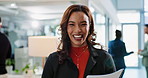 Woman, face and happy in office with file, paperwork or administration for job at interior design agency. Person, smile and portrait with documentation, pride and creative career at company in Mexico