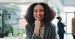 Woman, smile and face in business for confidence, professional and career growth in news agency. Journalist, portrait or happy in office lobby for company development, welcome or pride for occupation