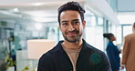 Man, happy and face in business for confidence, professional and career growth in news agency. Journalist, portrait or arms crossed in office lobby for introduction, welcome or pride for occupation